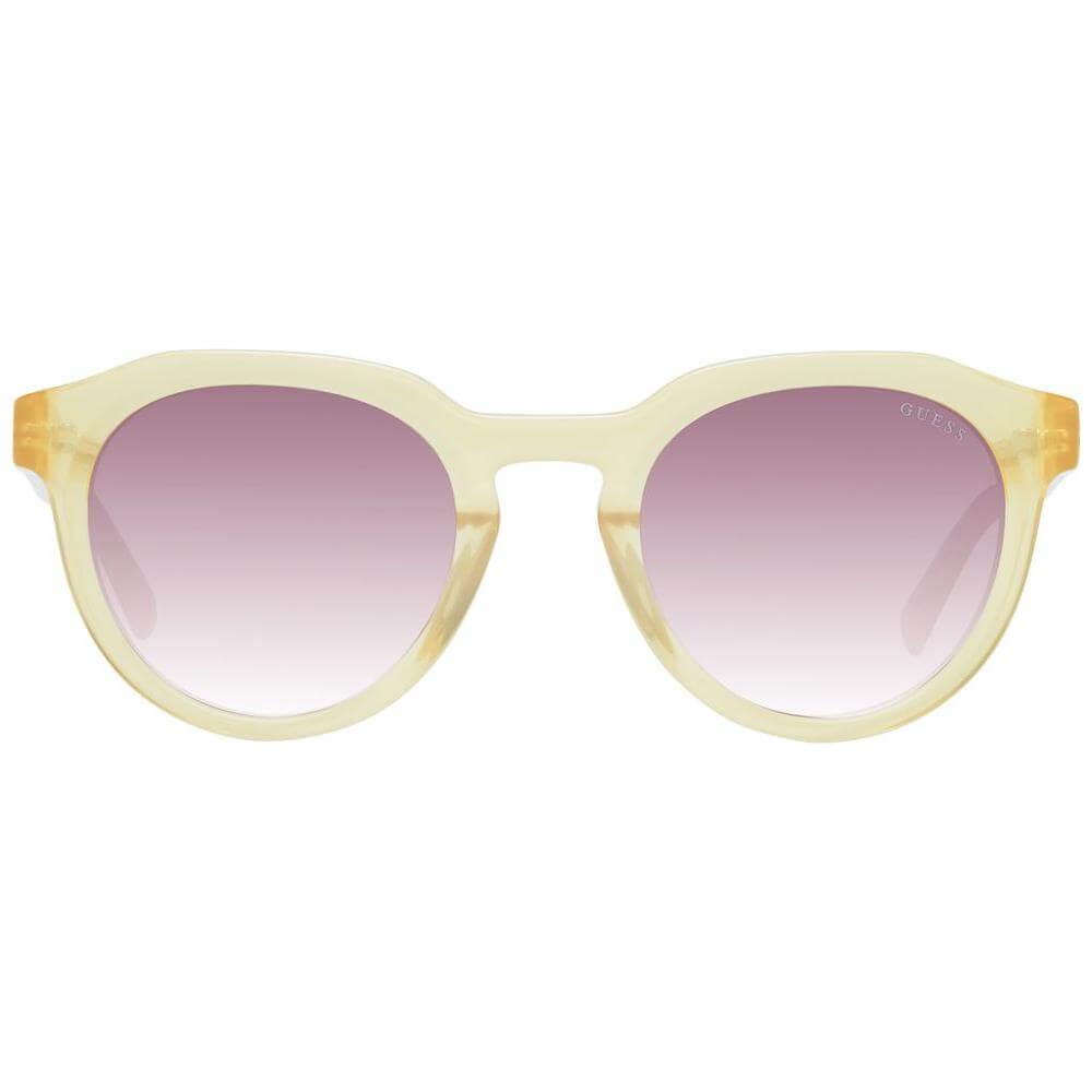 Guess yellow men's sunglasses with full-rim plastic frame in yellow, gradient brown lenses, and round style. Includes branded case.