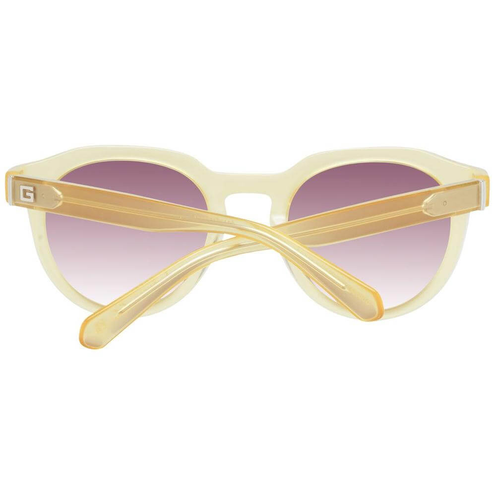 Guess yellow men's full-rim sunglasses with brown gradient lenses, plastic frame, 100% UVA & UVB protection, round style, size 50-22-140.