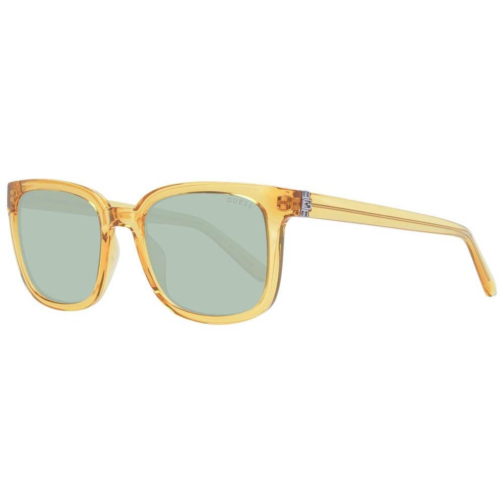 Guess yellow plastic full-rim men’s sunglasses with green lenses, square style, includes branded case, 100% UVA & UVB protection.
