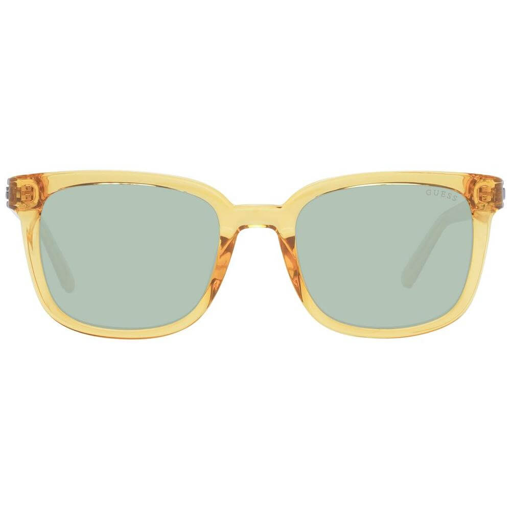 Guess Yellow Men's Sunglasses with green lenses, full-rim square design, UV protection, plastic frame, and branded case included.