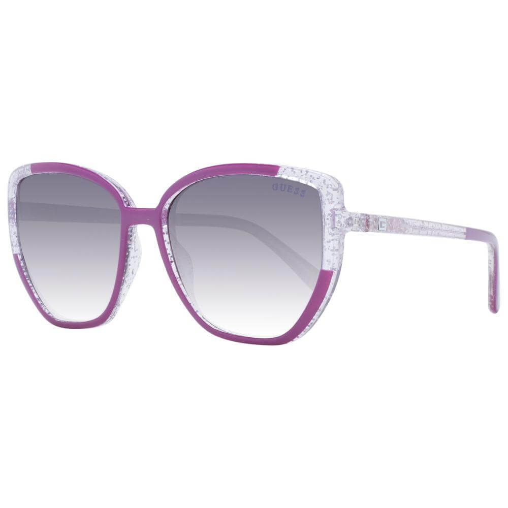 Guess Purple Women Sunglasses with cat eye design, full-rim plastic frame in purple, gradient grey lenses, includes branded case.
