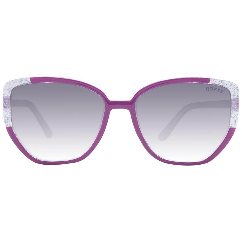 Guess purple cat eye women's sunglasses with full-rim plastic frame and gradient grey lenses, UVA & UVB protection, includes branded case.