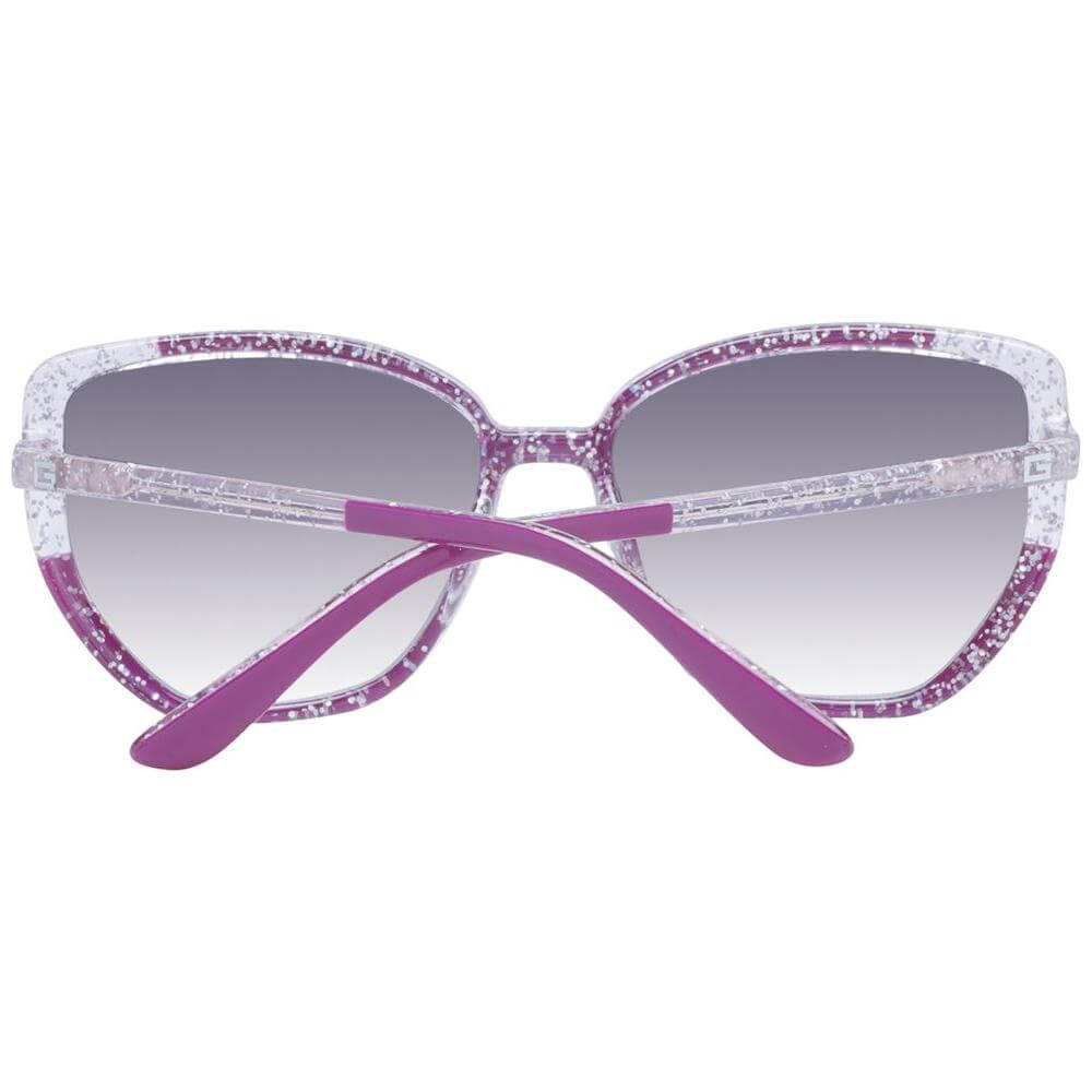 Guess purple women's cat eye sunglasses with full-rim plastic frames, grey gradient lenses, size 55-15-135, includes branded case.