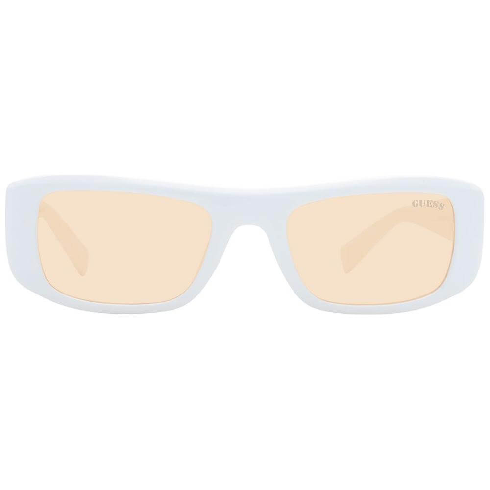Guess white unisex sunglasses with full-rim plastic frame, orange lenses, and 100% UVA & UVB protection. Includes branded case.