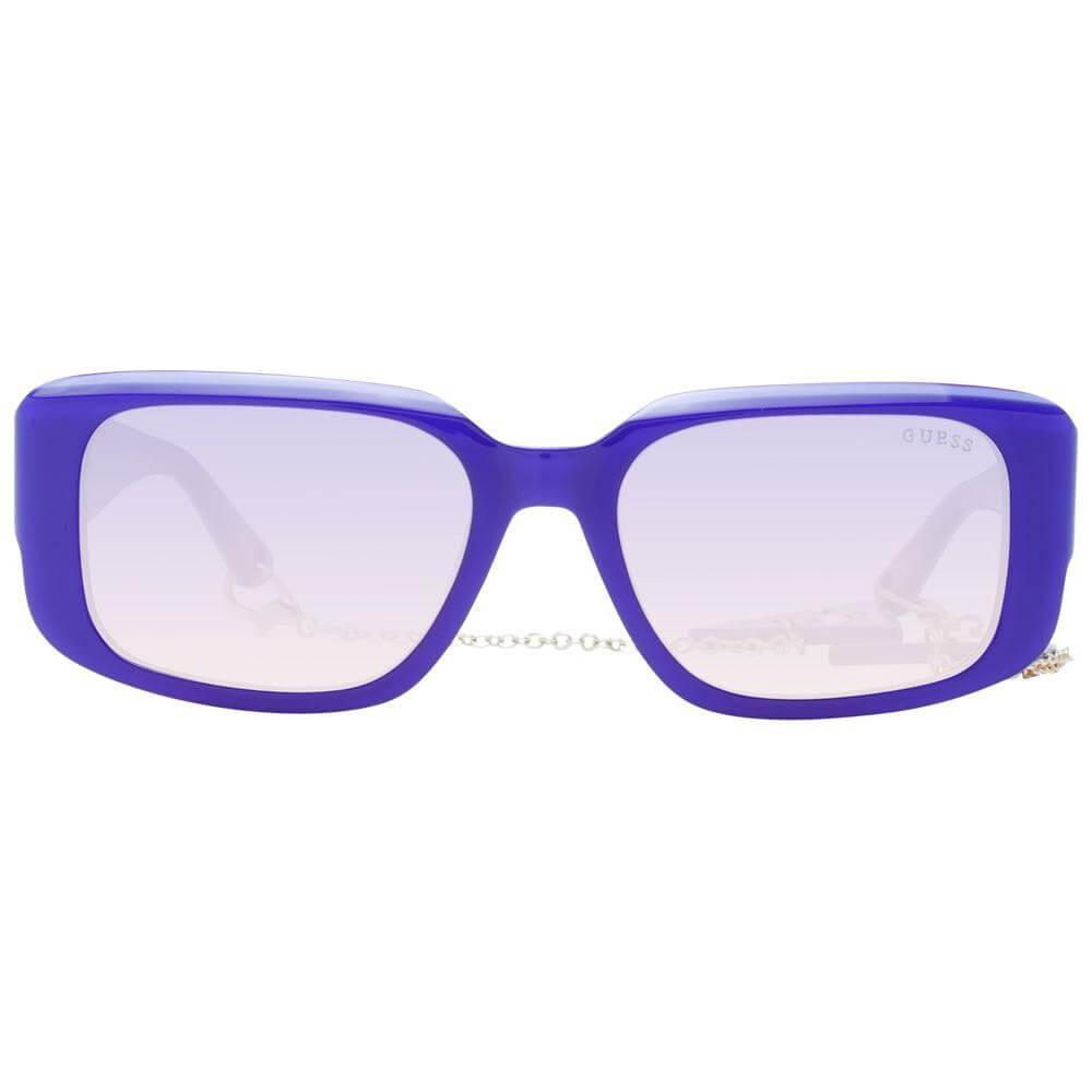 Guess purple women's sunglasses with full-rim plastic frame, gradient lenses, rectangle style, 100% UVA & UVB protection, includes branded case.