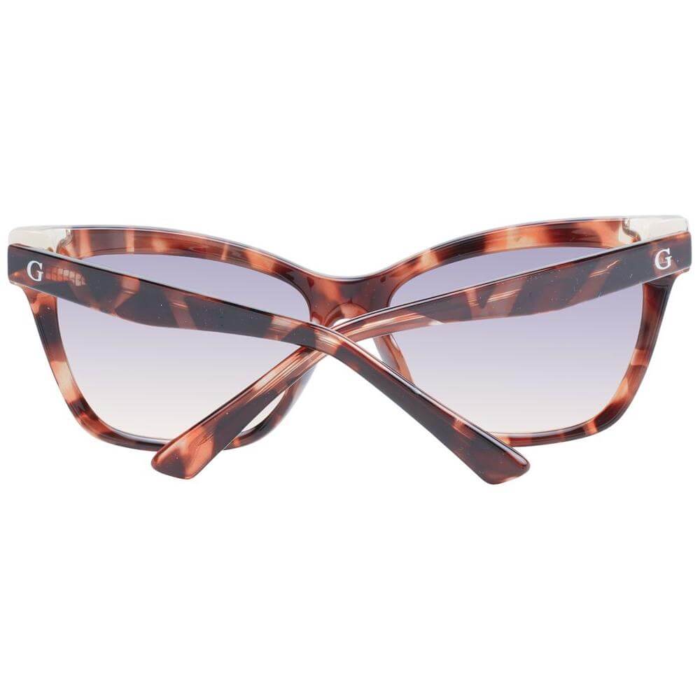 Guess brown cat eye women's sunglasses with full-rim plastic frame, gradient grey lenses, 57mm width, 100% UVA & UVB protection, includes case.