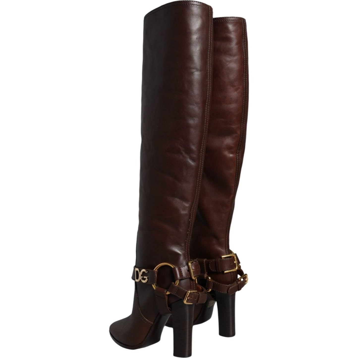 Dolce & Gabbana Brown Leather Gold Tone Logo High Boots Shoes Dolce & Gabbana Black