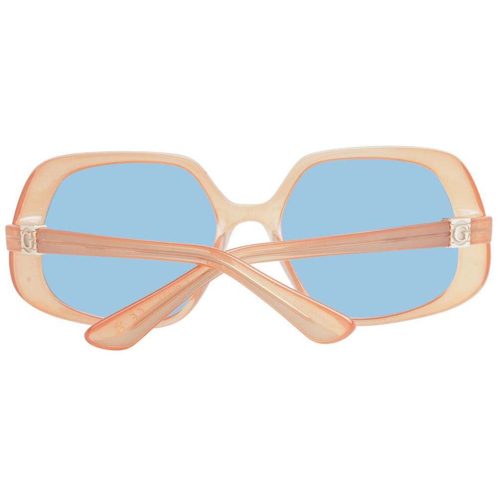 Guess brown women's sunglasses with blue lenses, square full-rim plastic frame, 100% UVA/UVB protection, includes branded case.