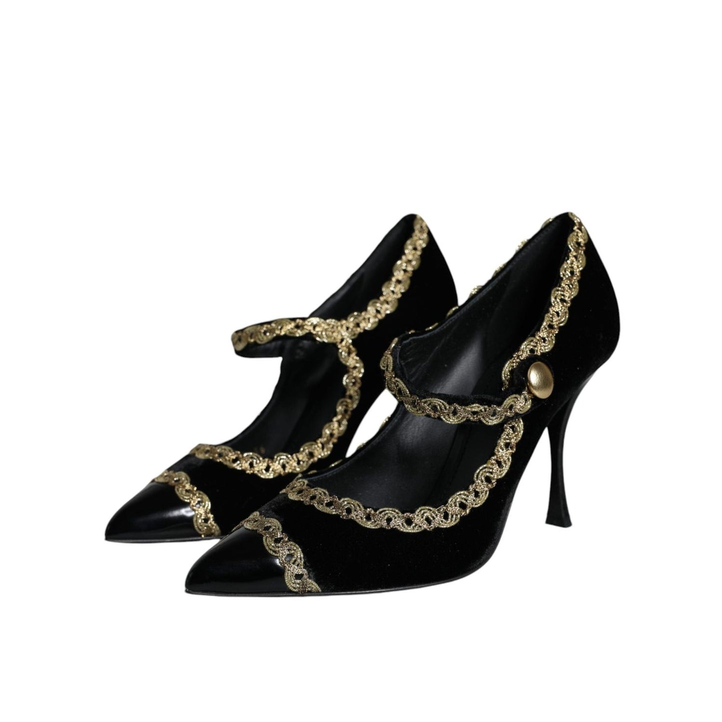 Dolce & Gabbana Black Mary Janes Velvet Gold Pumps Shoes LA11583-36