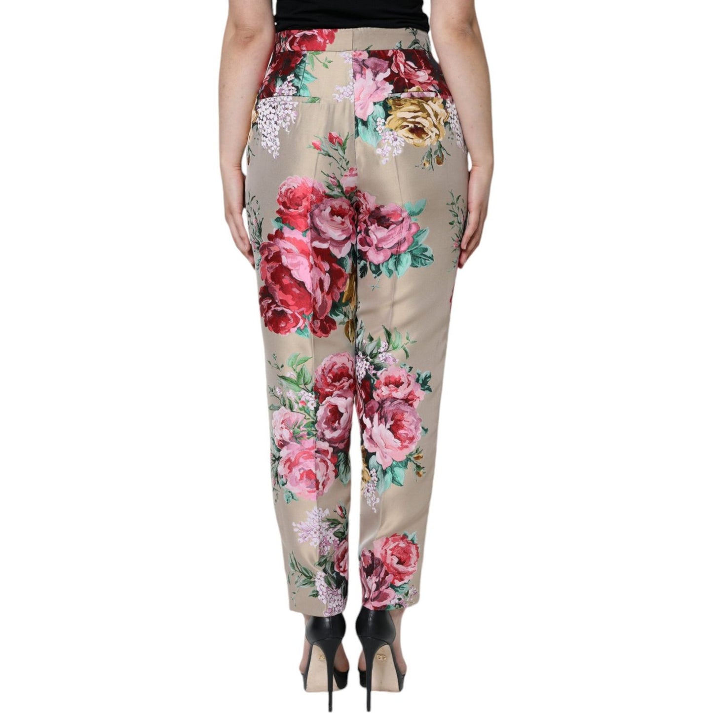 Dolce & Gabbana Beige Floral Jacquard High Waist Tapered Pants Dolce & Gabbana Rosy Brown
