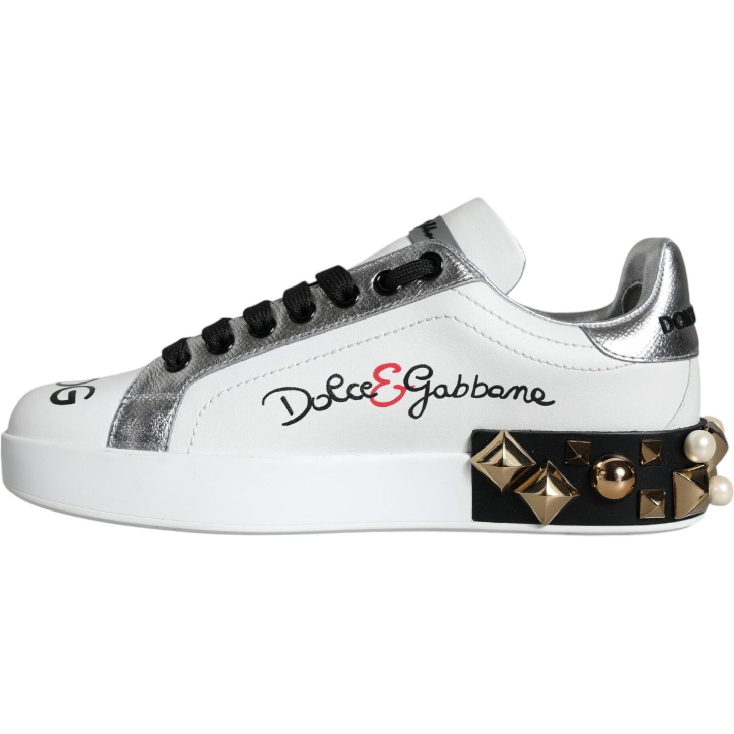 Dolce & Gabbana White Leather Floral Studded Sneakers Shoes Dolce & Gabbana Dark Slate Gray