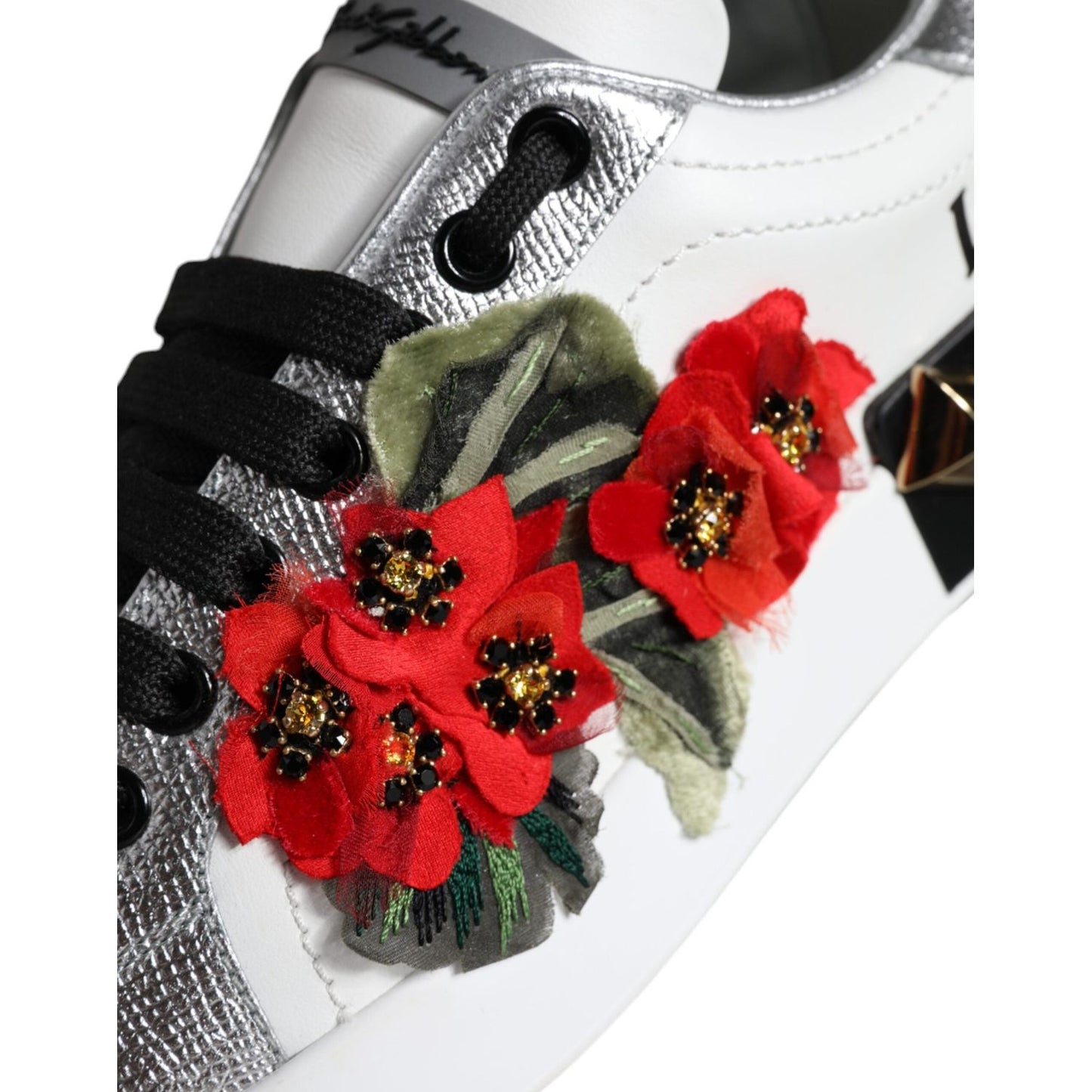 Dolce & Gabbana White Leather Floral Studded Sneakers Shoes Dolce & Gabbana Black