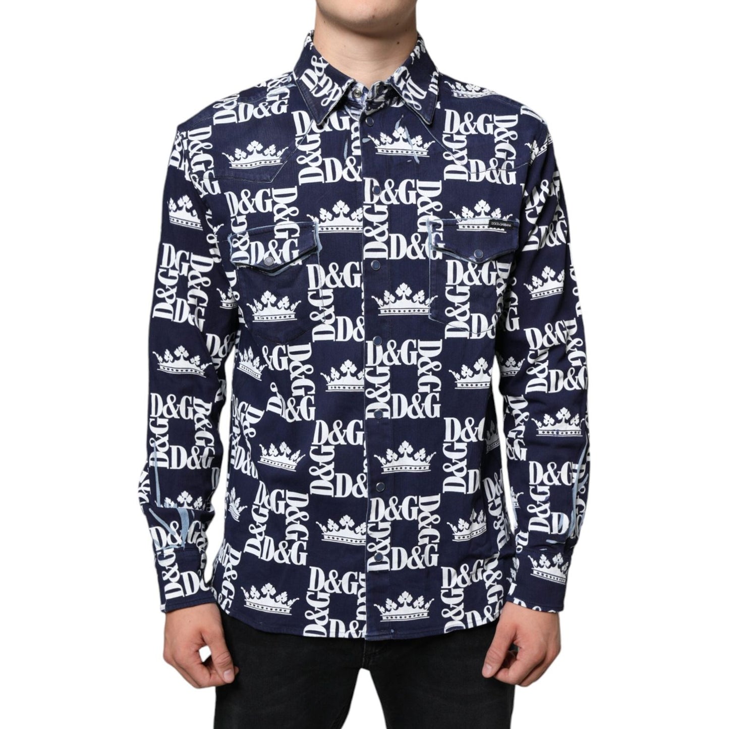 Dolce & Gabbana Blue Crown Logo Print Slim Fit Cotton Shirt Dolce & Gabbana Light Gray