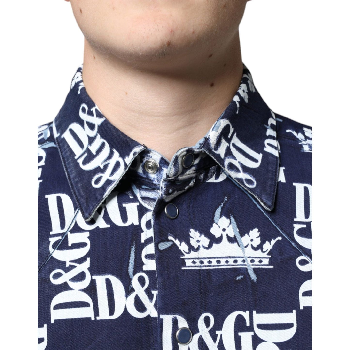 Dolce & Gabbana Blue Crown Logo Print Slim Fit Cotton Shirt Dolce & Gabbana Light Gray