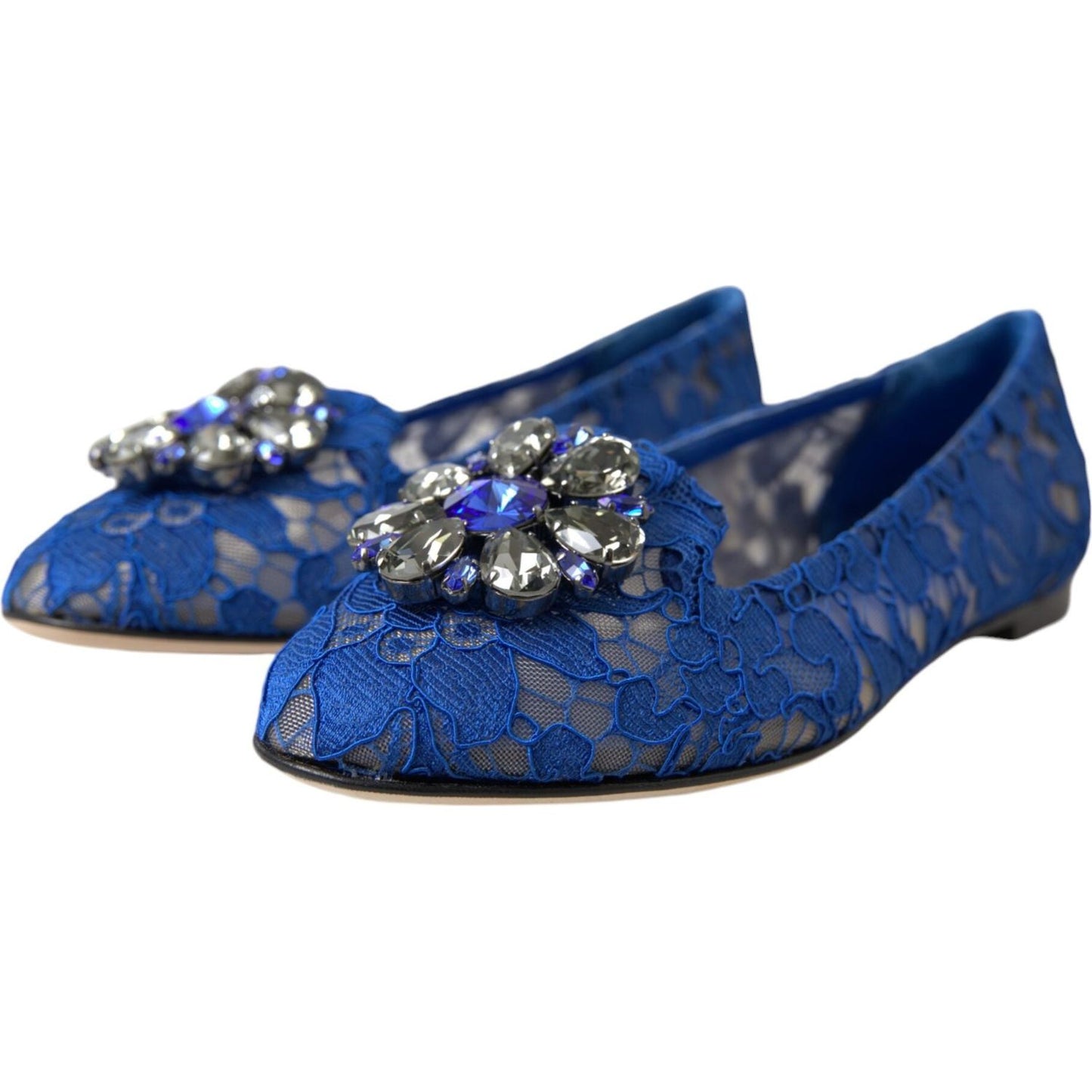 Dolce & Gabbana Blue Lace Crystal Ballet Flats Loafers Shoes Dolce & Gabbana Dark Slate Gray