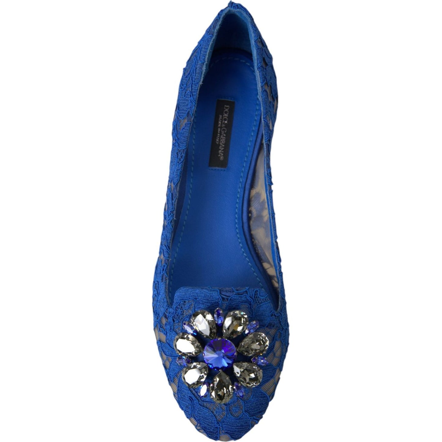 Dolce & Gabbana Blue Lace Crystal Ballet Flats Loafers Shoes Dolce & Gabbana Midnight Blue