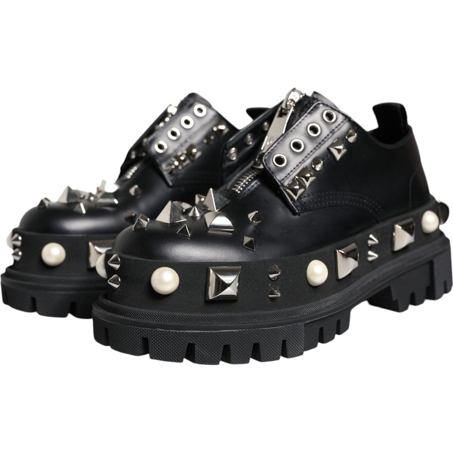 Dolce & Gabbana Black Leather Embellished Derby Formal Shoes Dolce & Gabbana Dark Slate Gray