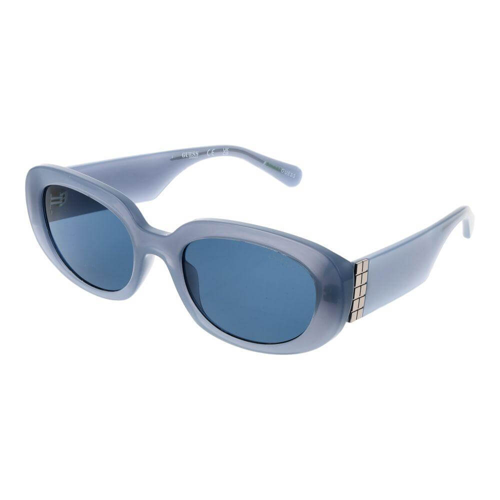 Guess Blue Women’s Sunglasses, full-rim oval design, blue plastic frame, UV protection, includes branded case.