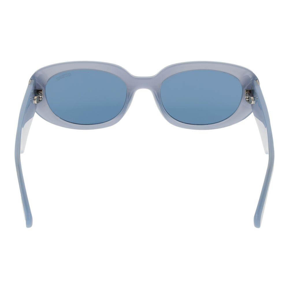 Guess Blue Women's Sunglasses with blue plastic full-rim oval frame and lenses, offering 100% UVA & UVB protection. View from back.