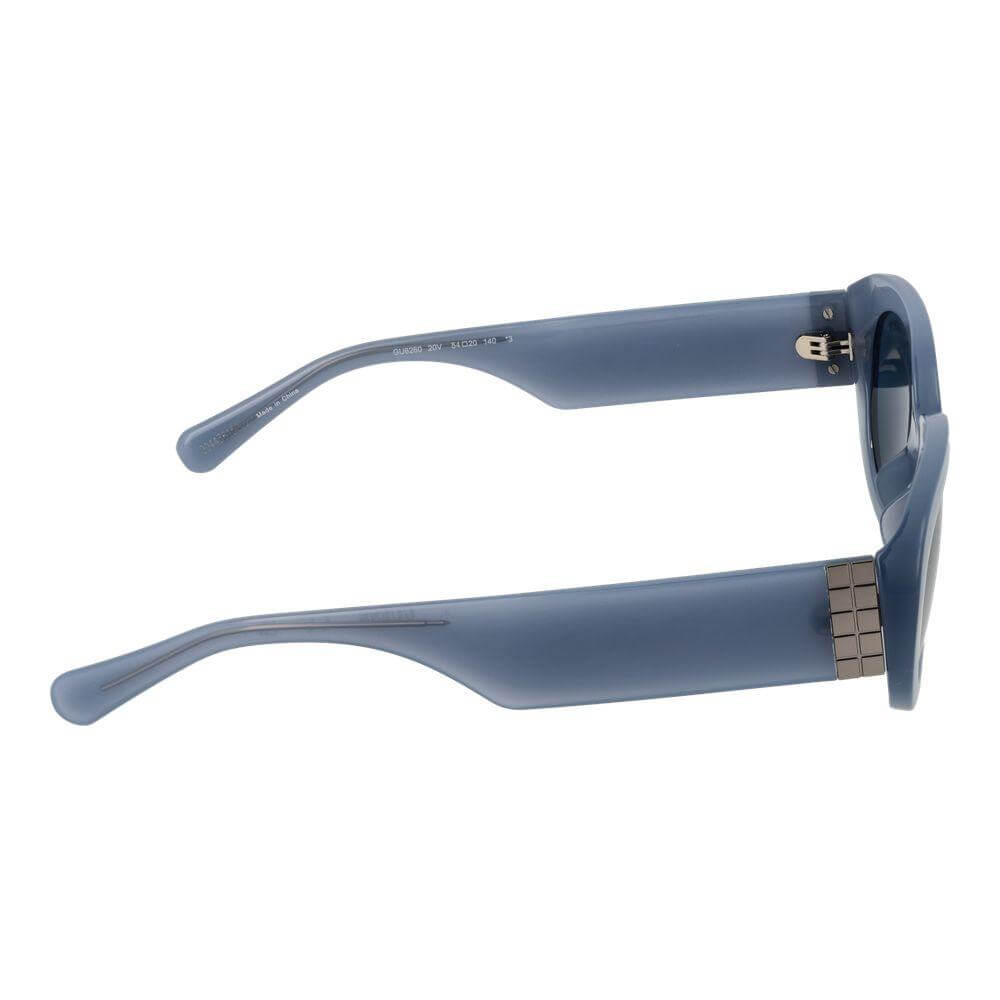 Side view of Guess blue women's sunglasses with full-rim plastic frame and blue lenses, offering 100% UVA & UVB protection, size 54-20-140.