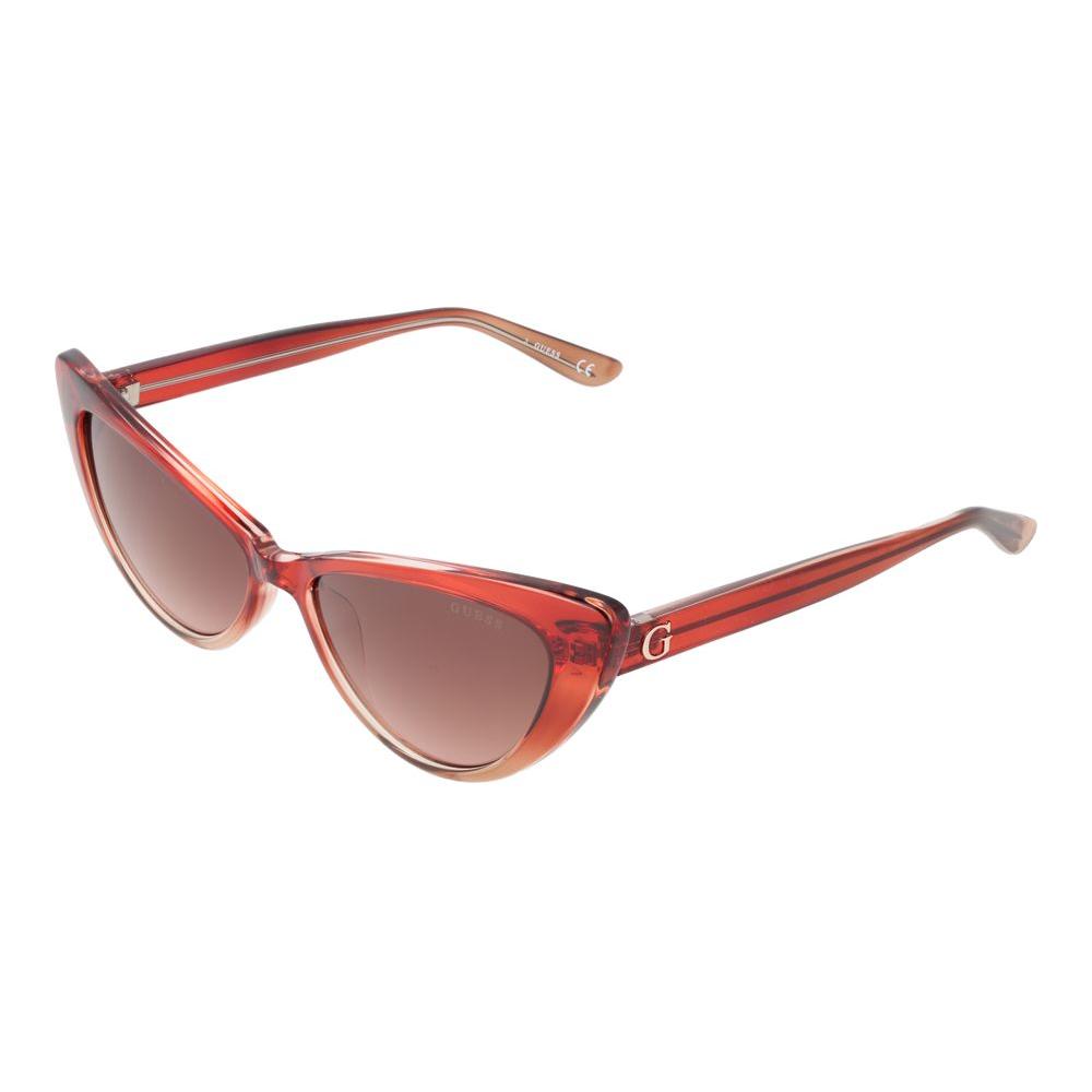 Guess burgundy cat eye sunglasses for women with gradient red lenses and full-rim plastic frame, offering 100% UVA & UVB protection.