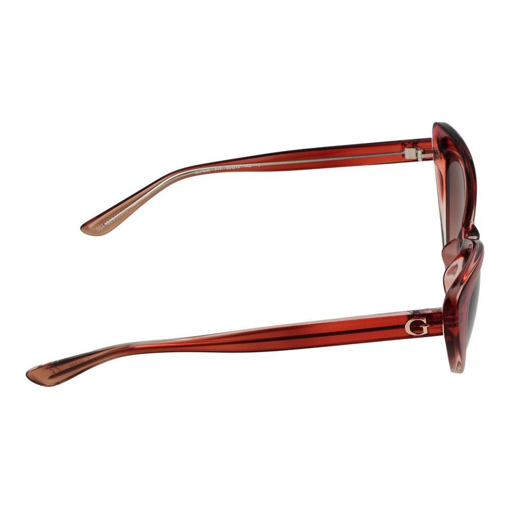 Side view of Guess burgundy women sunglasses with full-rim cat eye design and gradient red lenses.