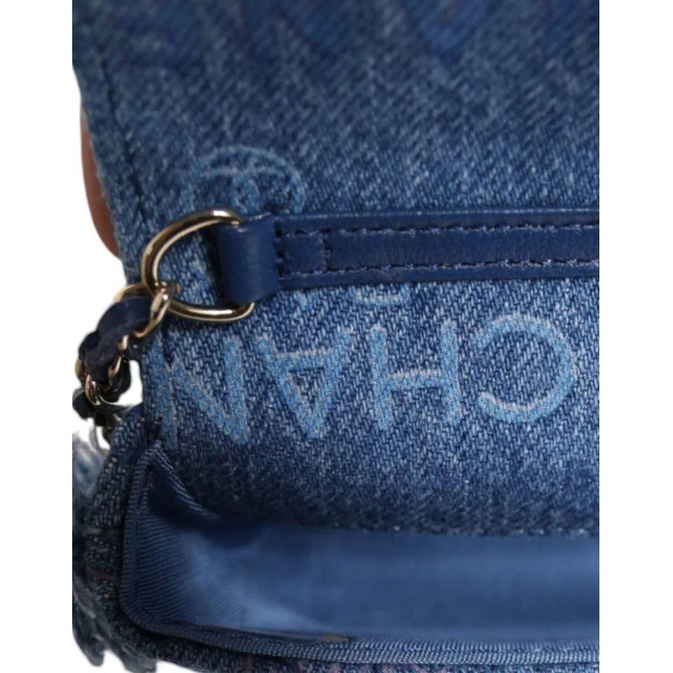 Chanel Denim Mood Flap Micro Logo Printed Fringed Shoulder Bag Chanel Dark Slate Gray