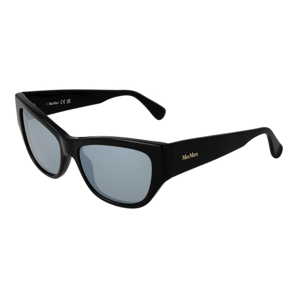 Max Mara black cat eye sunglasses for women with grey mirrored lenses and full-rim plastic frame, 100% UV protection, includes branded case