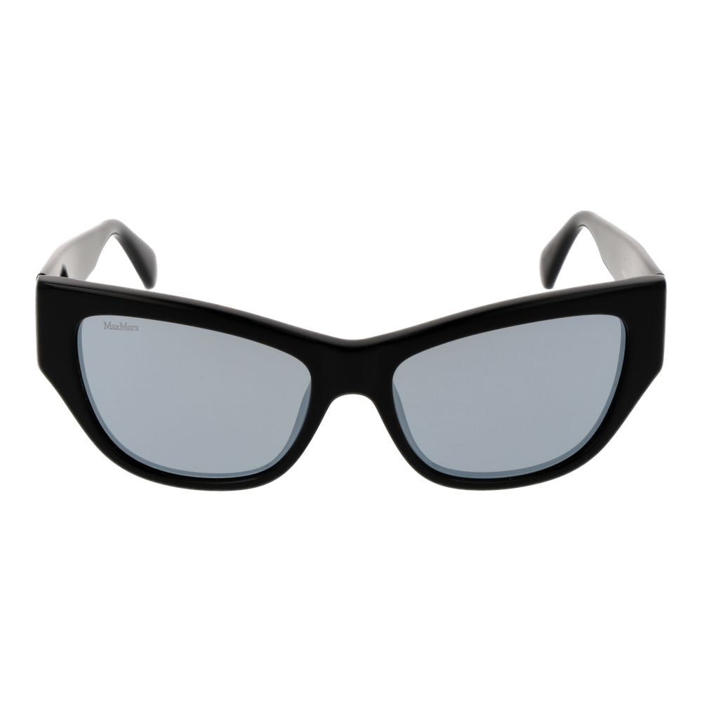 Max Mara black cat eye sunglasses for women with full-rim plastic frame and mirrored grey lenses, 100% UVA & UVB protection.