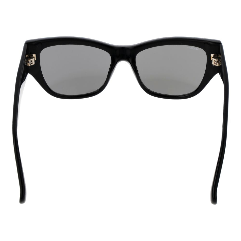 Max Mara black women sunglasses with cat eye full-rim plastic frame and mirrored grey lenses; 100% UVA/UVB protection.