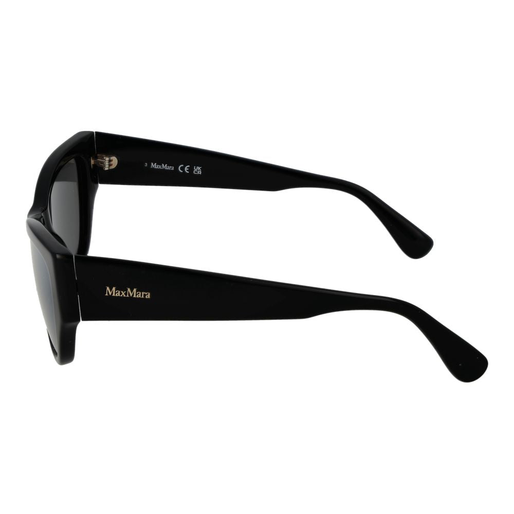 Max Mara black full-rim women's sunglasses, plastic cat eye frame, grey mirrored lenses, 100% UVA & UVB protection, side view.