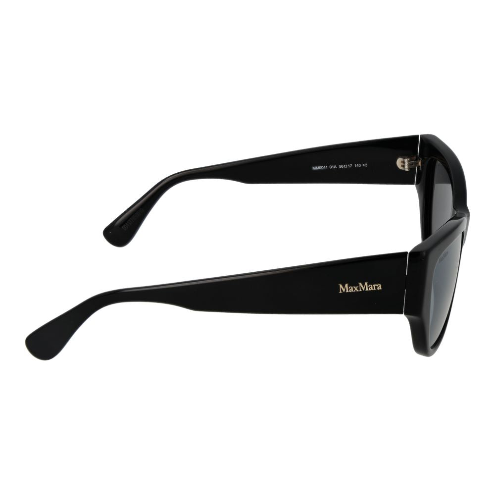 Max Mara women's black cat eye sunglasses with full-rim plastic frame and grey mirrored lenses, includes branded case.