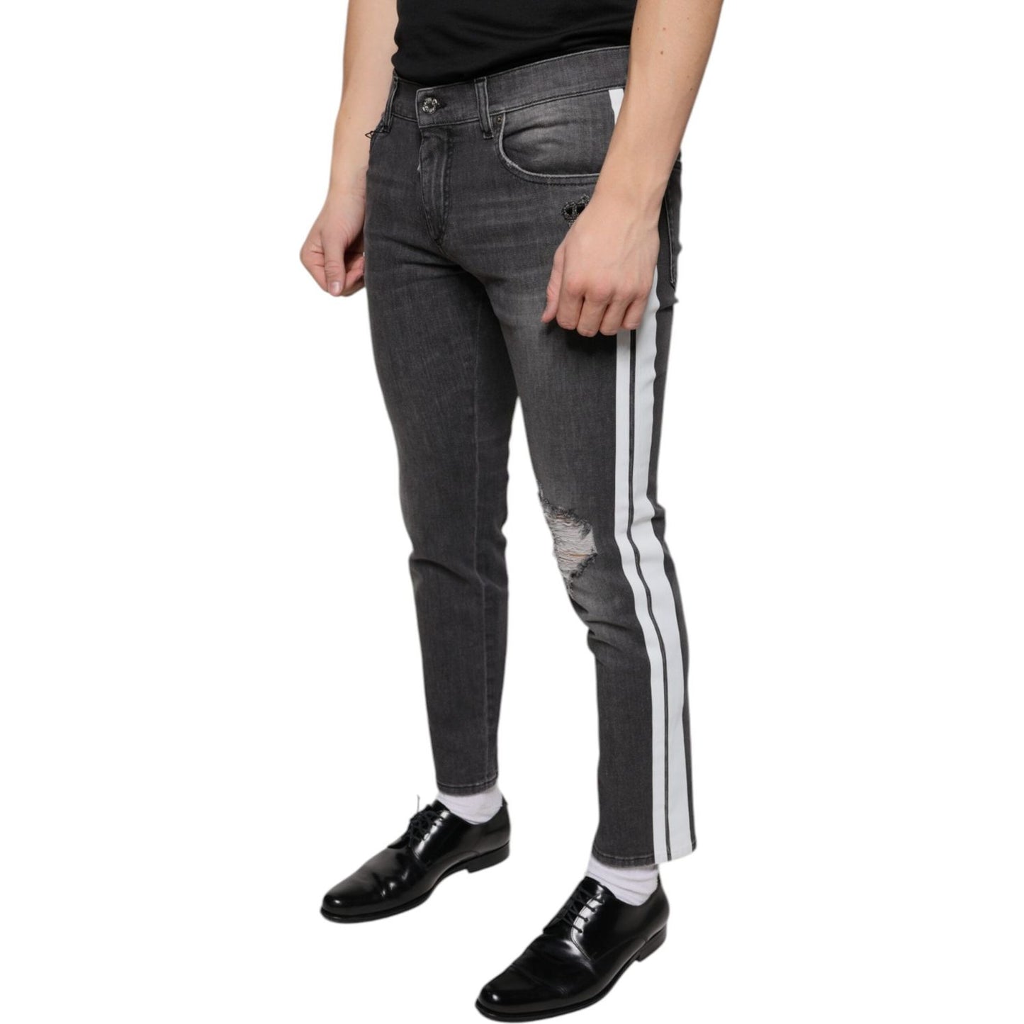 Dolce & Gabbana Black Tattered Cotton Skinny Men Denim Jeans Dolce & Gabbana Dark Slate Gray