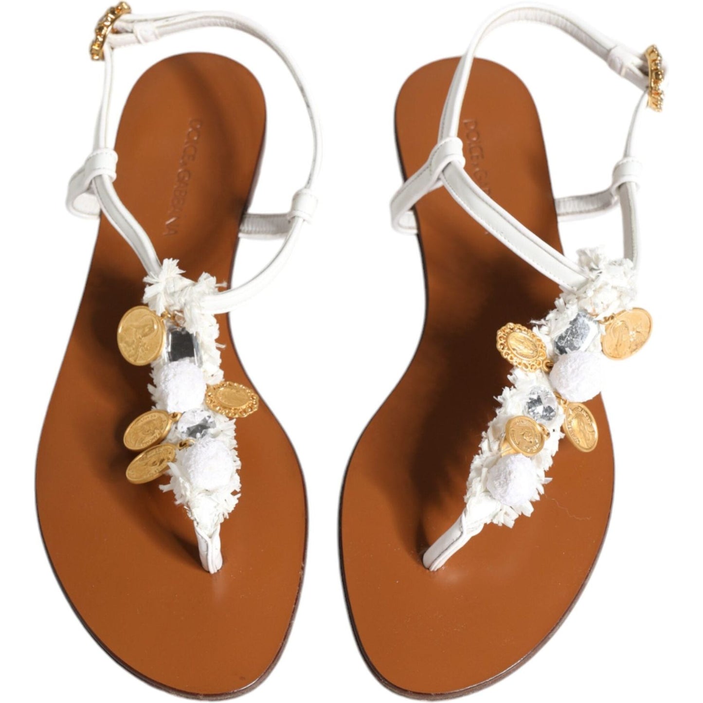 Dolce & Gabbana White Leather Coins Flip Flops Sandals Shoes Dolce & Gabbana Sienna
