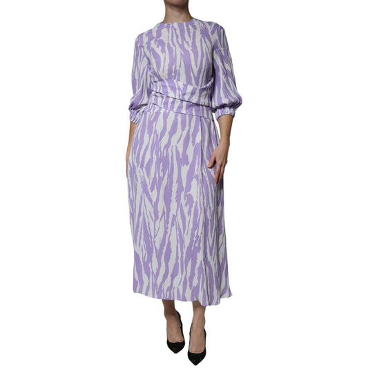 MSGM White Purple Patterned Viscose Short Sleeves Maxi Dress