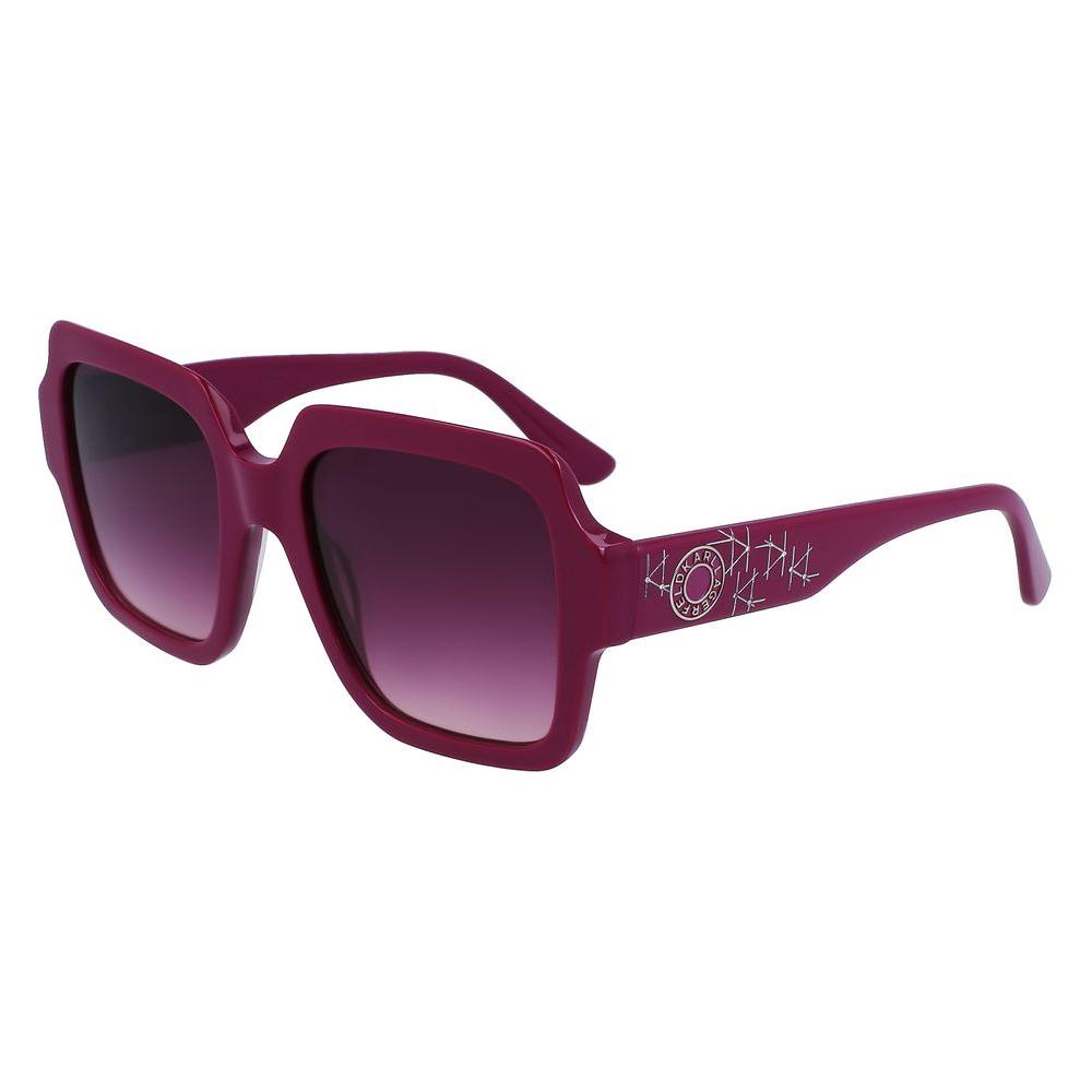 Purple square sunglasses with designer logo on temple, featuring gradient lenses and acetate frame.