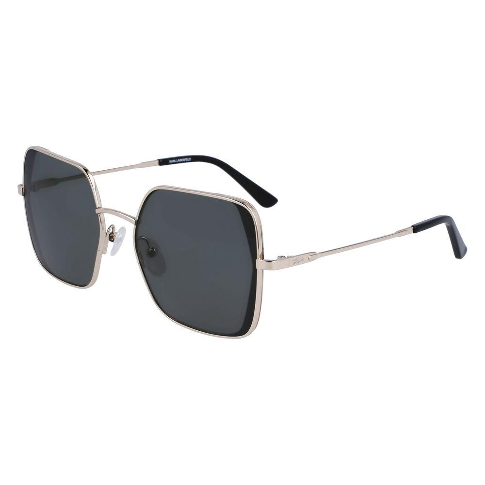 Luxury Karl Lagerfeld gold metal sunglasses with black lenses, model KL340S-710, featuring a 56/18/140mm frame size.