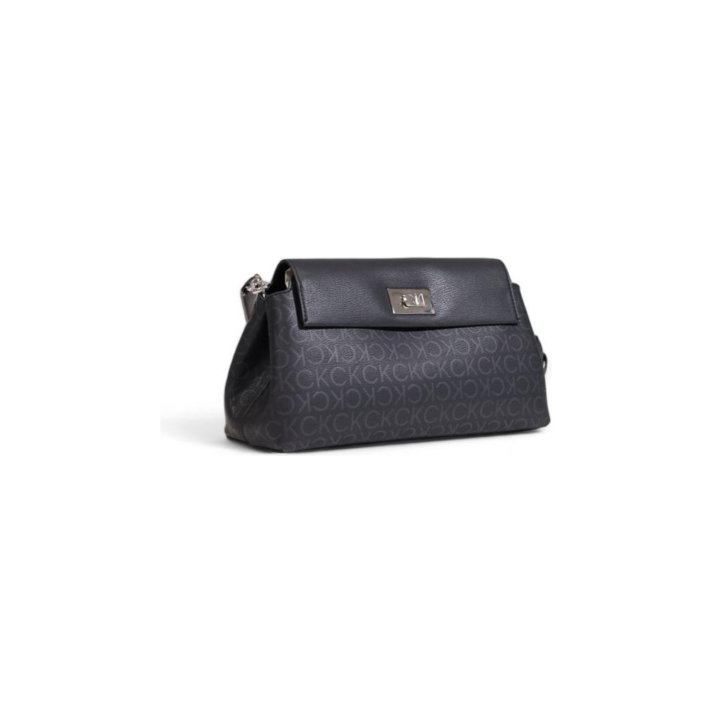 Calvin Klein black handbag in recycled polyester, fall/winter women's collection, featuring CK logo pattern.