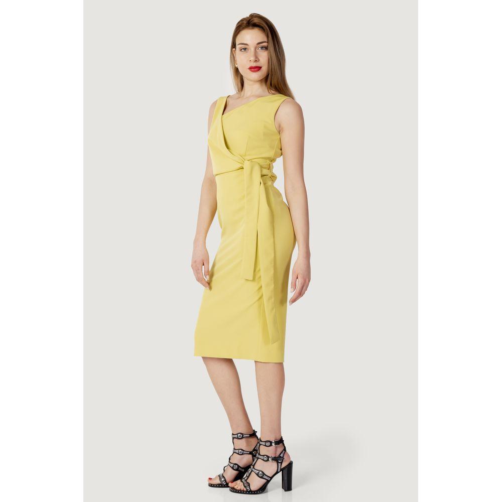 Sandro Ferrone yellow polyester dress, women's long spring/summer collection, elegantly worn, showcasing side view and design details.