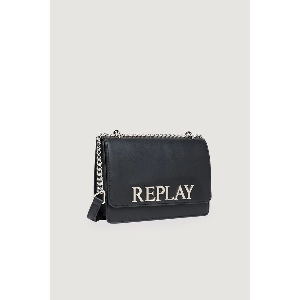 Replay black polyethylene handbag with silver chain, part of autumn/winter women's collection, 100% polyurethane, size 18x25x8 cm.