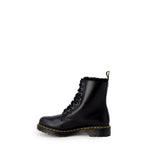 Dr. Martens Black Leather Boot showing iconic design with lace-up closure and sturdy rubber sole, side view.