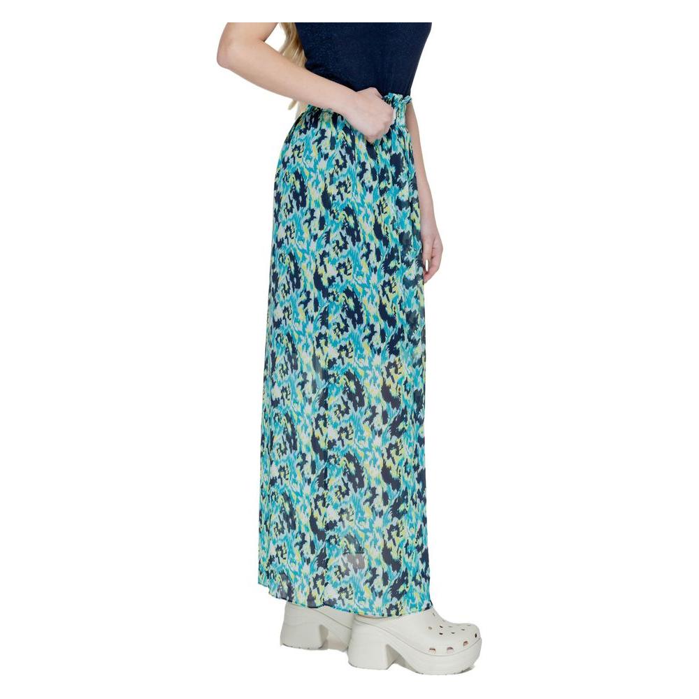 Side view of Morgan De Toi turquoise long polyester skirt for women, perfect for spring-summer collection, showcasing stylish pattern.