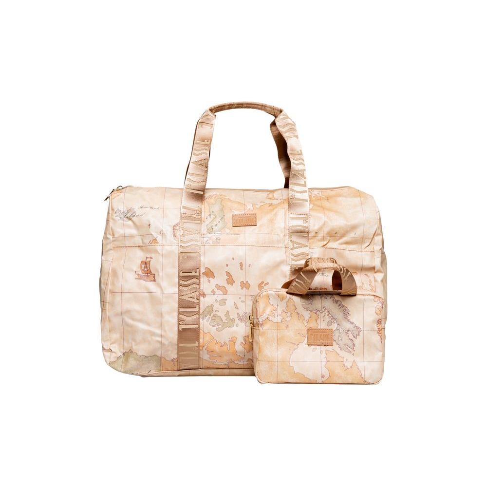 Beige map-patterned travel bag set with handles and side pocket, Alviero Martini style, designed for practicality and fashion.