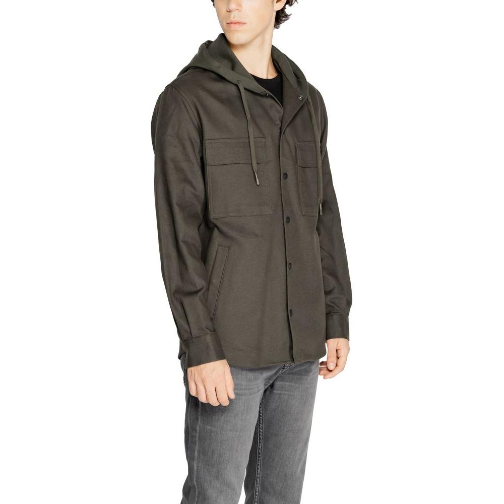 Antony Morato men's green cotton shirt for Fall/Winter collection, featuring a casual design with a hood and button front.
