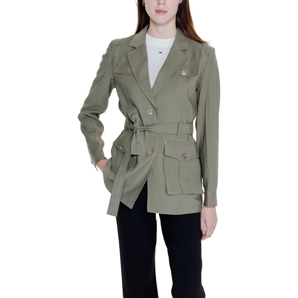 Morgan De Toi green viscose blazer for women, featuring button-up front and tied waist, 90% viscose, 10% polyester.