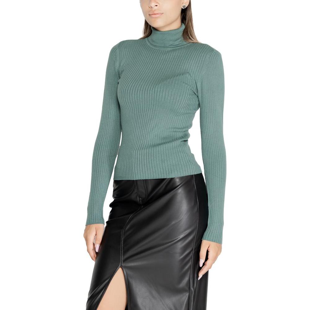 Jacqueline De Yong turquoise women's knitwear viscose turtleneck top, fall/winter collection, paired with black leather skirt