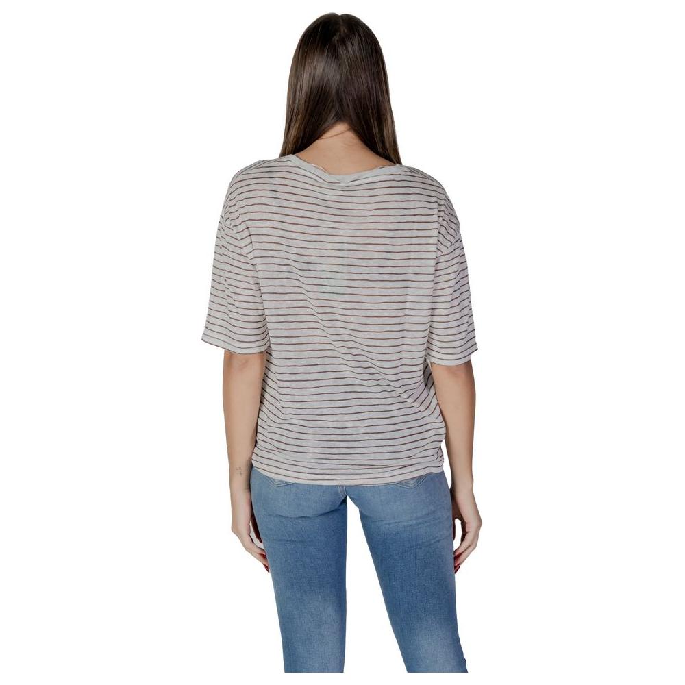 Back view of a woman wearing a B.Young brown polyester and viscose striped T-shirt from the Spring/Summer collection.