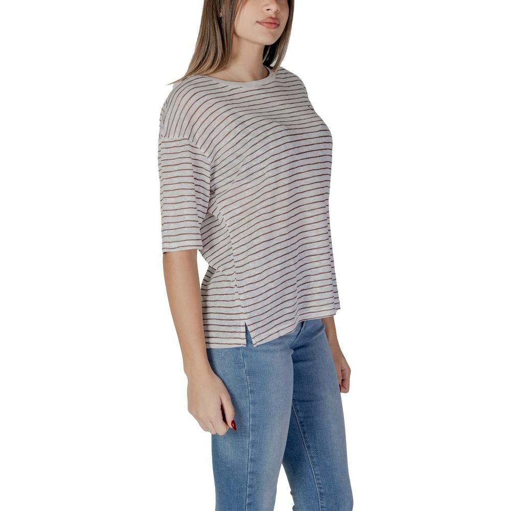 B.Young brown polyester women's striped top, spring/summer collection, featuring a casual fit and half-sleeves.
