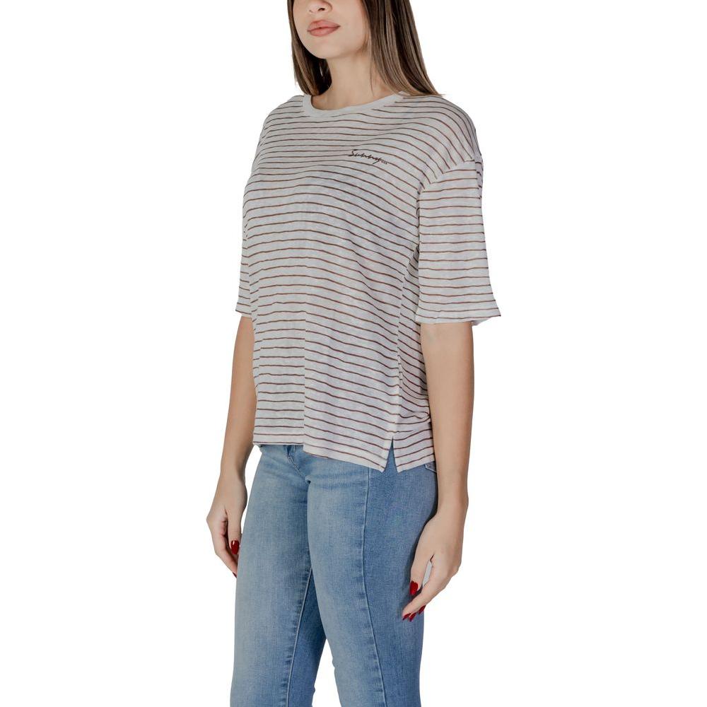 Model wearing B.Young brown striped polyester and viscose t-shirt, part of the spring/summer women's collection