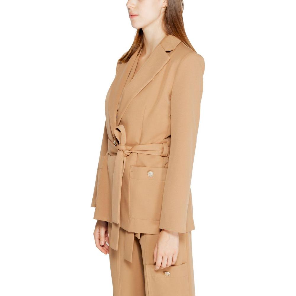 Rinascimento beige polyester women's blazer for fall/winter, elegant suit set with tie belt, perfect for stylish office wear.